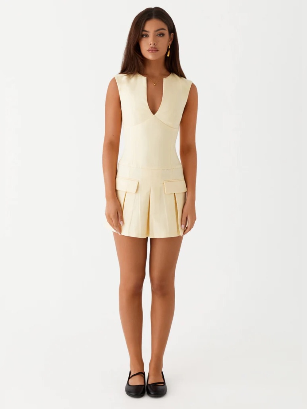Peppermayo Cream V-Neck Pleated Mini Dress